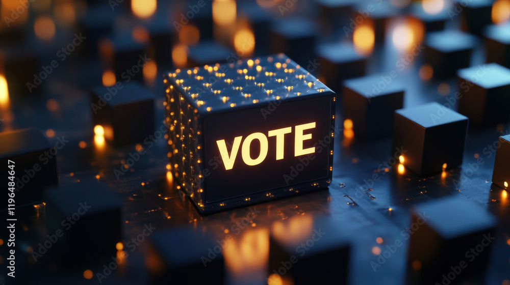 Poster vote concept. glowing cube with vote text surrounded by dark cubes in futuristic setting