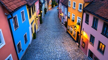 Fototapeta premium Charming cobblestone street with colorful buildings at dusk.