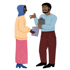 Two colleagues discussing work