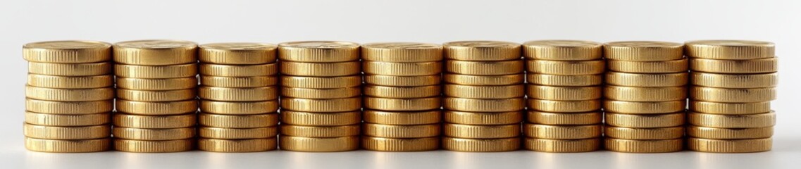 Rows of stacked gold coins on white background. (2)