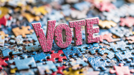 Vote concept. 3D jigsaw puzzle spelling VOTE on colorful scattered pieces