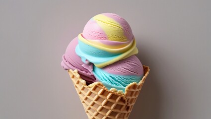 A lively snack to enjoy while walking, namely a pastel ice cream cone serving a scoop of sherbet of various flavors. This ice cream has a smooth and creamy texture, served in a classic waffle cone. 