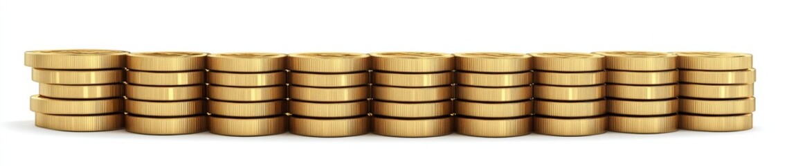 Rows of golden coins stacked on white background.