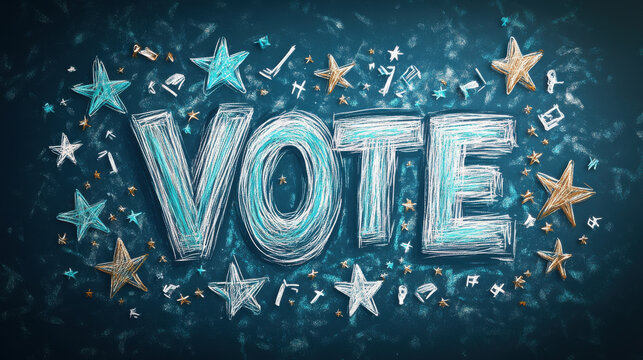 Vote concept. Chalkboard style illustration of word VOTE with stars and symbols