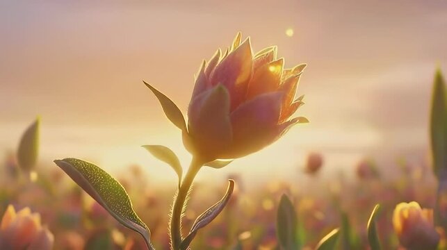 Sunrise flower field, single bloom backlit, peaceful dawn, nature scene, website header
