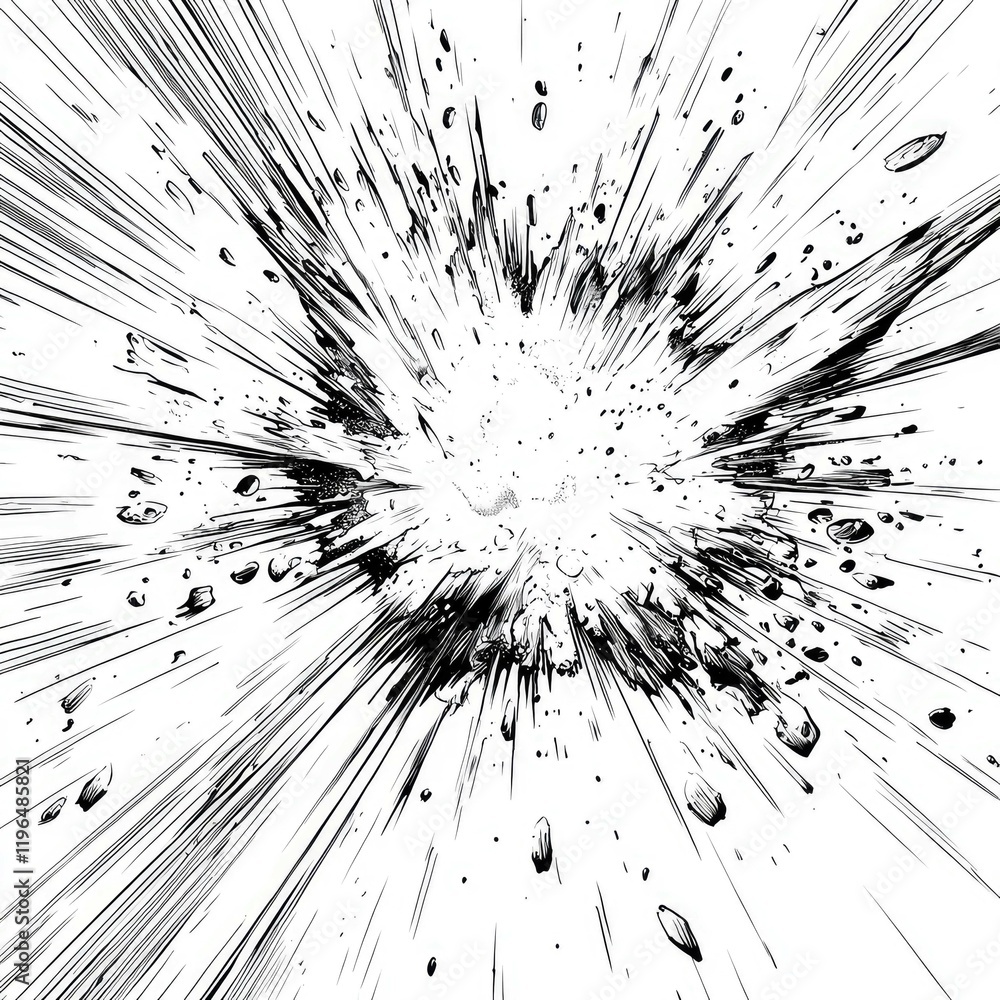 Wall mural abstract black and white explosion: dynamic speed lines burst, high energy graphic design, intense m