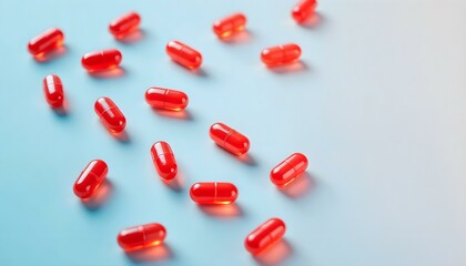 Red pills scattered on a blue background, representing a pharmacy concept and medication options