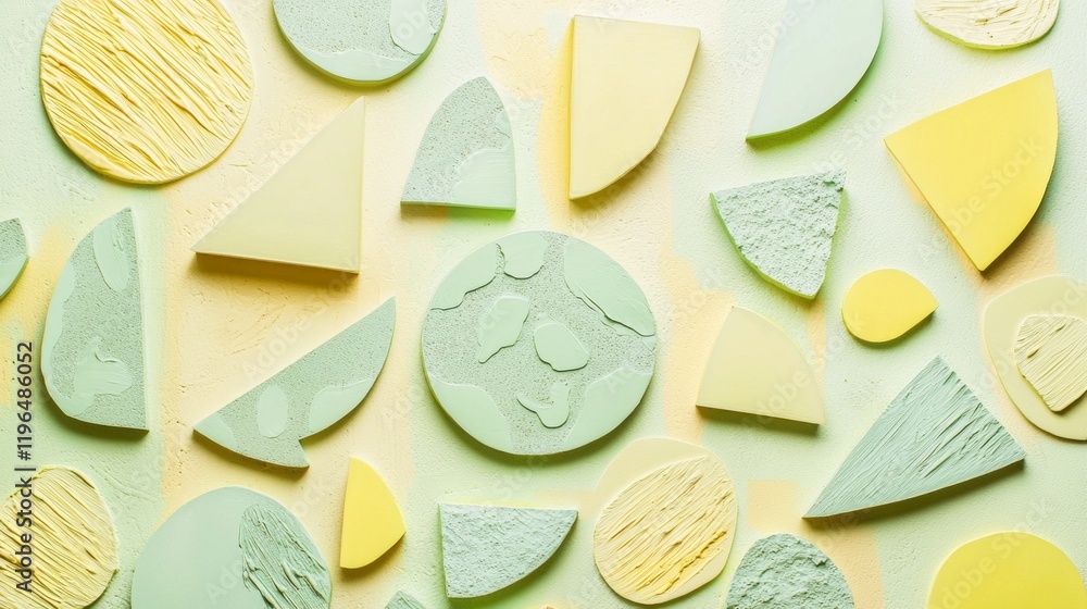 Poster a variety of textured shapes in gentle pastel greens and yellows are arranged harmoniously against a