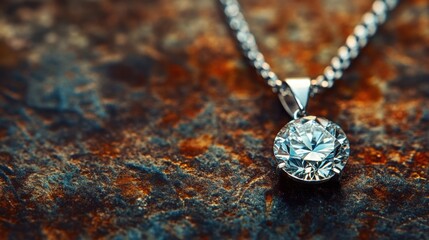 Fototapeta premium Sparkling Diamond Pendant Necklace on Rustic Background Luxury Jewelry Close up