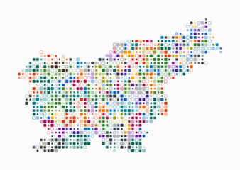 Obraz premium Slovenia, shape of the country built of colored cells. Digital style map of Slovenia on white background. Small size rounded square blocks. Artistic vector illustration.
