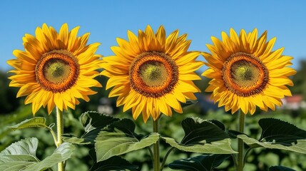 Obraz premium Three Sunflowers Field Summer Blue Sky