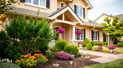 Luxury Home Exterior with Stunning Landscaping and Beautiful Garden. Modern House Design, Real Estate Photography