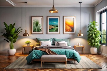 Scandinavian Bedroom Decor: Stylish Poster Frames Mockup - 3D Aerial Photography