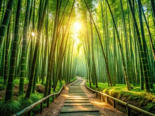 Obraz premium Serene Bamboo Forest Path: Lush Green Canopy, Peaceful Nature Scene, Asian Landscape Photography