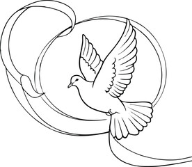 Illustration of a dove with ribbon vector lines for wedding white background