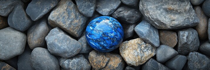 Smooth Blue Lapis Lazuli Sphere Among Grey and Brown Stones Textured Background