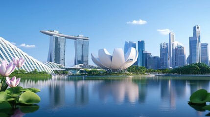 Singapore Skyline with Lotus Flowers