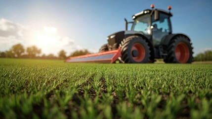 Obraz premium Modern tractor cultivating lush green farmland at sunset