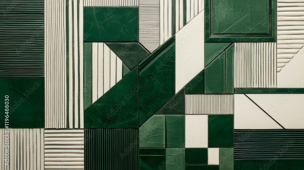 Poster Intricate sharp geometric patterns in deep green and bright white meld together, creating an engaging and dynamic composition that captivates the viewer's imagination