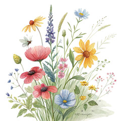 A vibrant arrangement of various flowers featuring daisies, poppies, and lavender, showcasing diverse colors and shapes.