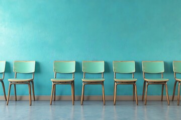 Obraz premium Empty Mint Green Chairs Against Teal Wall, Waiting Room Simplicity.