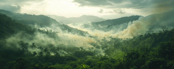 Obraz premium Serene Misty Landscape Over Lush Green Mountains in Soft Light