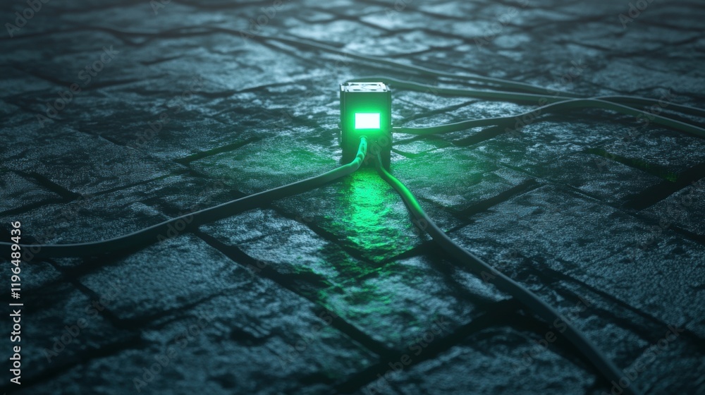 Poster futuristic green glowing tech cube network server data center cables