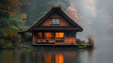 Fototapeta premium Illuminated Lakeside Thatched Roof Cottage Amidst Autumn Foliage