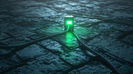 Futuristic Green Glowing Tech Cube Network Server Data Center Cables