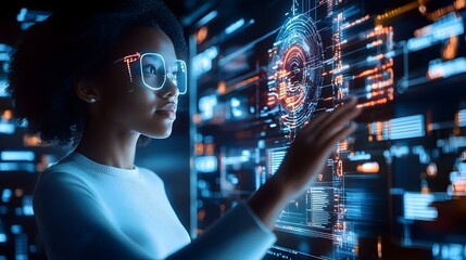 Fototapeta premium Futuristic Technological Investment Evolution with Holographic Data Overlays and Circuit Board Patterns