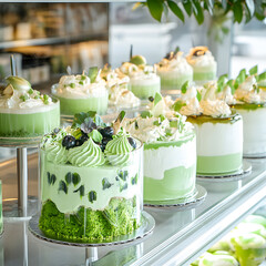 Display of green and white cakes with decorative toppings in a bakery, perfect for St. Patrick's Day celebrations