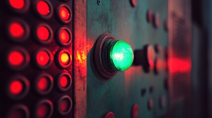 Glowing Green Light on Vintage Control Panel with Red Indicator Lights