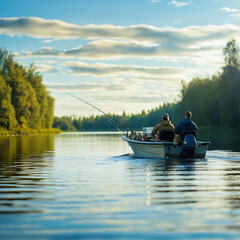A person or group of friends fishing from a boat in calm waters, showing them responsibly wearing life jackets, with fishing gear and perhaps a cooler nearby. This represents a