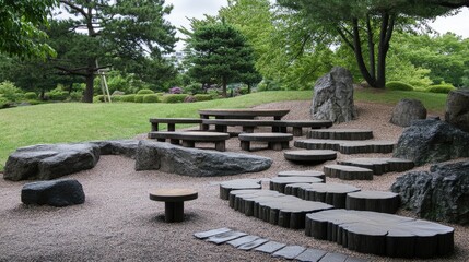 Fototapeta premium Play area in a Japanese botanical garden featuring natural materials and unique designs.
