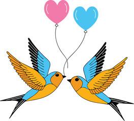 A whimsical illustration of two birds, likely swallows, in flight, with outstretched wings.