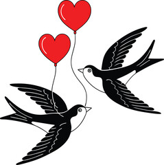 A whimsical illustration of two swallows in flight, their silhouettes black against a white background.