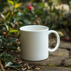 Obraz premium A blank white mug mockup with a garden in the background, perfect for adding text or graphics to create a personalized coffee mug. The cup is centered with no visible design on it,