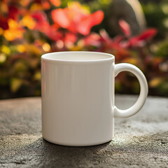 Obraz premium A blank white mug mockup with a garden in the background, perfect for adding text or graphics to create a personalized coffee mug. The cup is centered with no visible design on it,