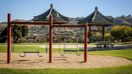 Scenic Japanese playground with picnic tables, swings, and views of rolling hills.