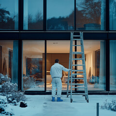 Fototapeta premium A photograph of an exterior modern house in Sweden, taken during the winter at night. The house features large windows with black frames and glass walls. One window is open to the