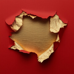A red paper with golden edges, torn in the middle and filled with gold foil, creating an empty hole for text or design on a solid background. The focus is sharp on the ripped edge