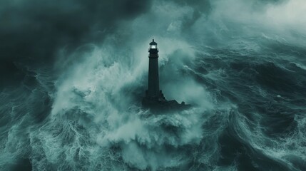 Dramatic Lighthouse withstanding Powerful Ocean Waves and Storm