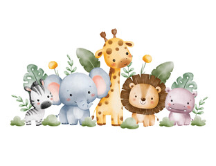 Watercolor Illustration Safari Animals and Tropical Leaves