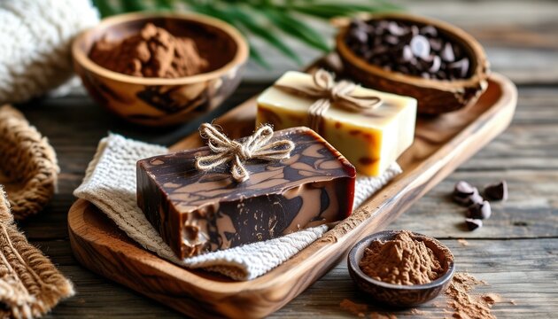 Handmade chocolate soap display with copy space