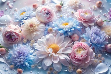 Banner, flyer. Beautiful, airy, delicate floral background in blue and pink tones. Peony flowers, chrysanthemums, daisies with drops of water on their petals.