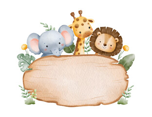 Watercolor Illustration Safari Animals and Wooden Board © Stella