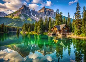Fototapeta premium Surreal Emerald Lake Cabins: Yoho National Park Summer Scenery, Bear Country, British Columbia Landscape