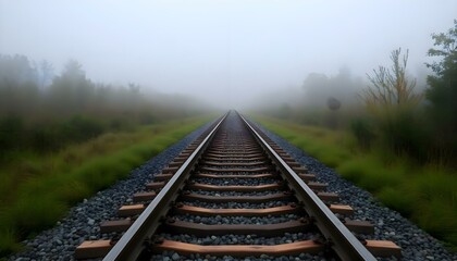 a train track in the middle of a foggy field