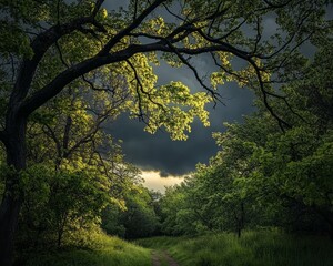 Obraz premium Mysterious forest path beneath dark clouds nature landscape tranquil environment scenic viewpoint atmospheric concept