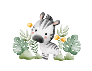 Naklejka premium Watercolor Illustration Zebra and Tropical Leaves